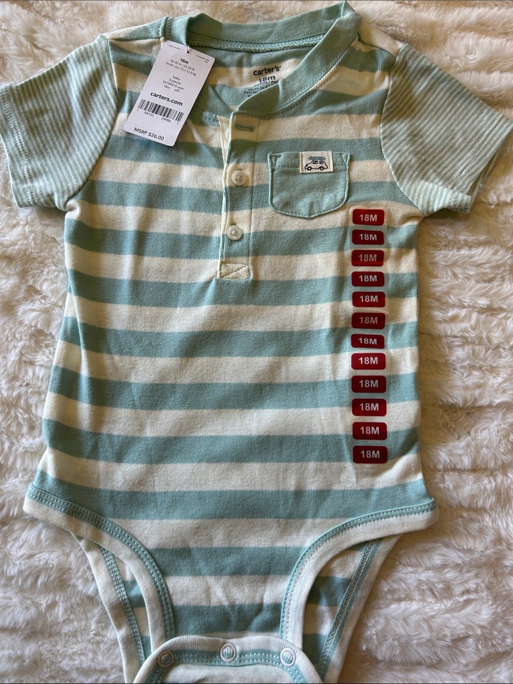 Carter's Mint Green and White Striped Short-Sleeve One-Piece Bodysuit